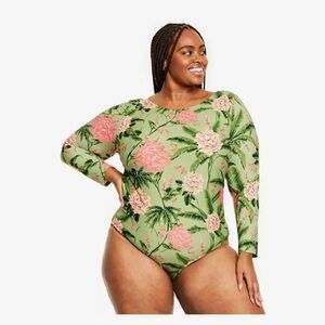 TargetxAgua Bendita Peony Print Green one Piece Swimsuit tie back long sleeve 1X